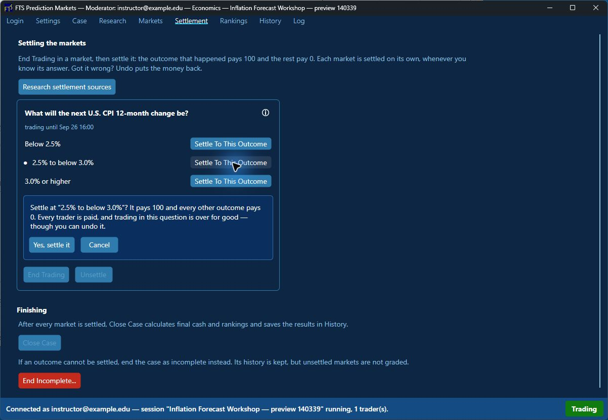 Moderator settlement confirmation for a sample outcome